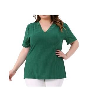 Agnes Orinda Plus Size Top Women V Neck Green Short Sleeve Elegant Lace Sz 3XL